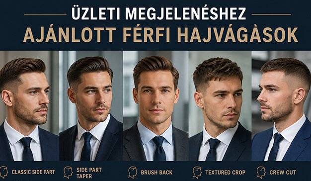 „Öt különböző, elegáns férfi üzleti hajvágást bemutató grafika sötétkék háttérrel. Az öltönyös modellek klasszikus és modern frizurákat viselnek, köztük side part, taper, brush back, textured crop és crew cut stílusokat. A kép címe: „Üzleti megjelenéshez ajánlott férfi hajvágások”.”